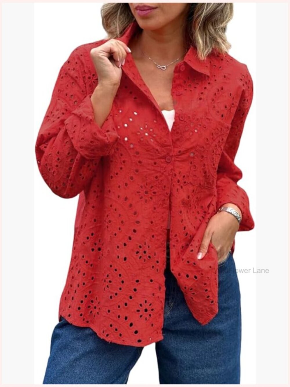 Crochet Eyelet Button Down Rolled Up Long Sleeve Boho Blouse Shirt Tops